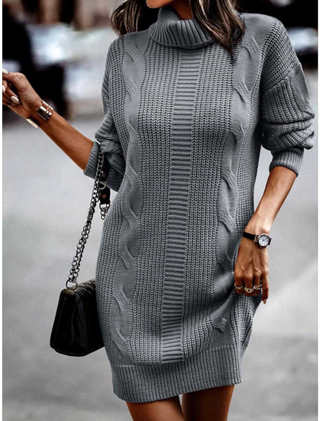 Damen Strickkleid mit Rollkragen und Zopfdesign Heidi-Mode