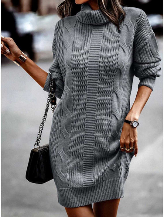 Damen Strickkleid mit Rollkragen und Zopfdesign Heidi-Mode