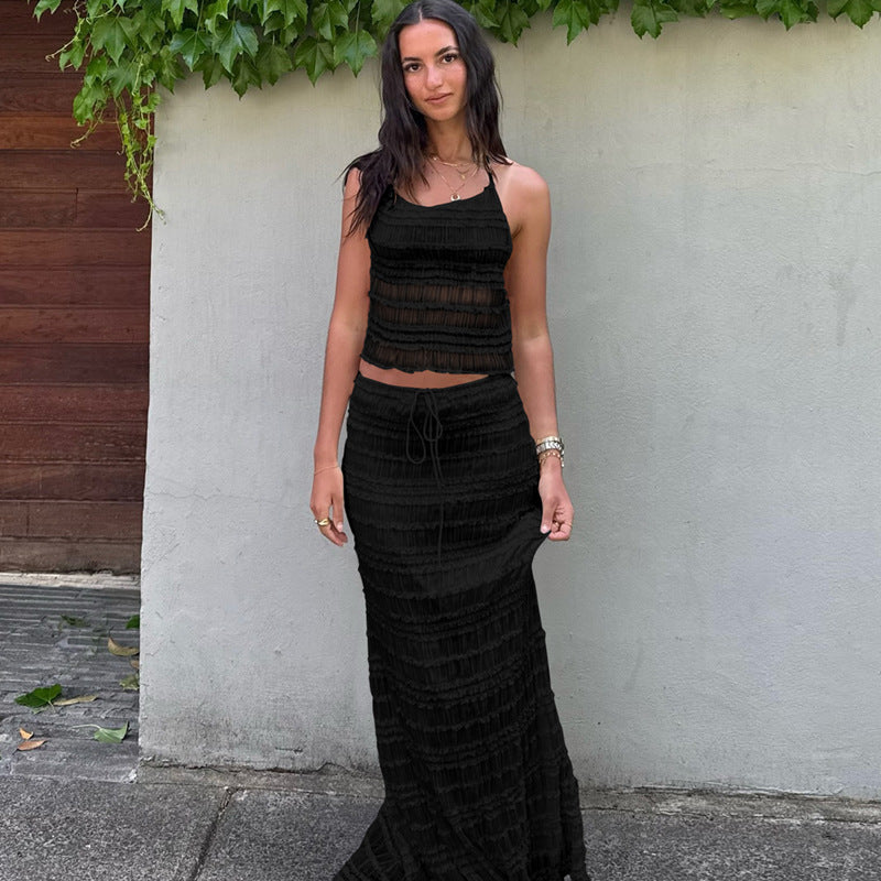 Damen lässiges Zweiteiler Sommer-Set mit Fransen und hochgeschnittenem Rock Heidi-Mode