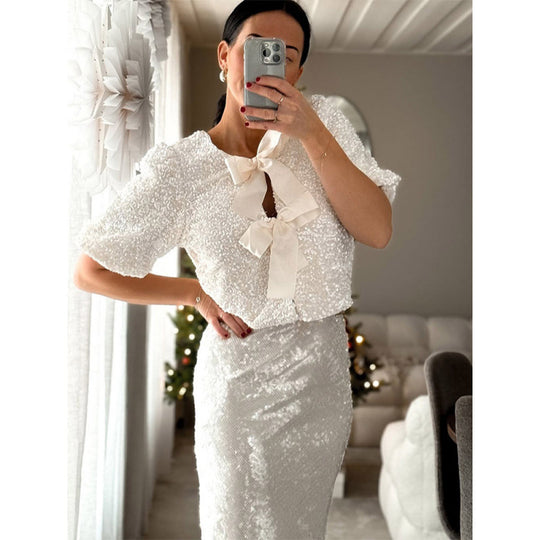 Damen Paillettenbluse mit Schleifendetails Heidi-Mode