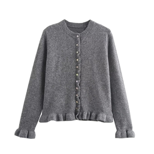 Damen Strickjacke mit dekorativem Rüschensaum und Knopfverschluss Heidi-Mode