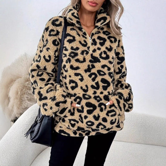 Damen Fleece-Pullover mit stylischem Leopardenmuster Heidi-Mode