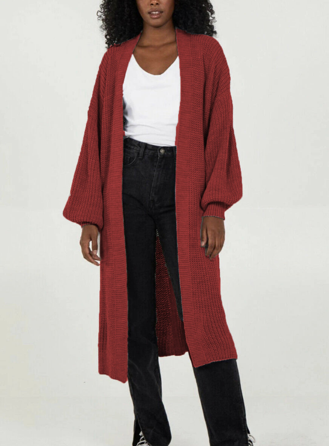 Damen Langer Strickcardigan mit voluminösen Ärmeln und offenem Schnitt Heidi-Mode