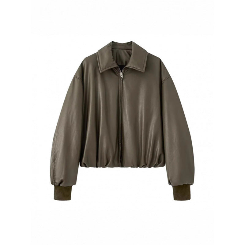 Damen lässige Boxy-Jacke aus weichem Kunstleder mit elastischem Bund Heidi-Mode