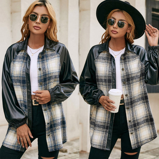 Damen modische Karomuster Jacke mit Lederärmeln Heidi-Mode