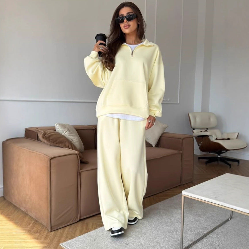 Damen lässiges Fleece-Set mit hochgeschlossenem Reißverschluss und weiten Beinen Heidi-Mode