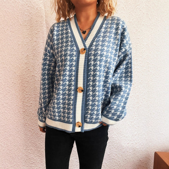 Damen lässiger Strickcardigan mit modischem Hahnentritt-Muster und Holzknöpfen Heidi-Mode