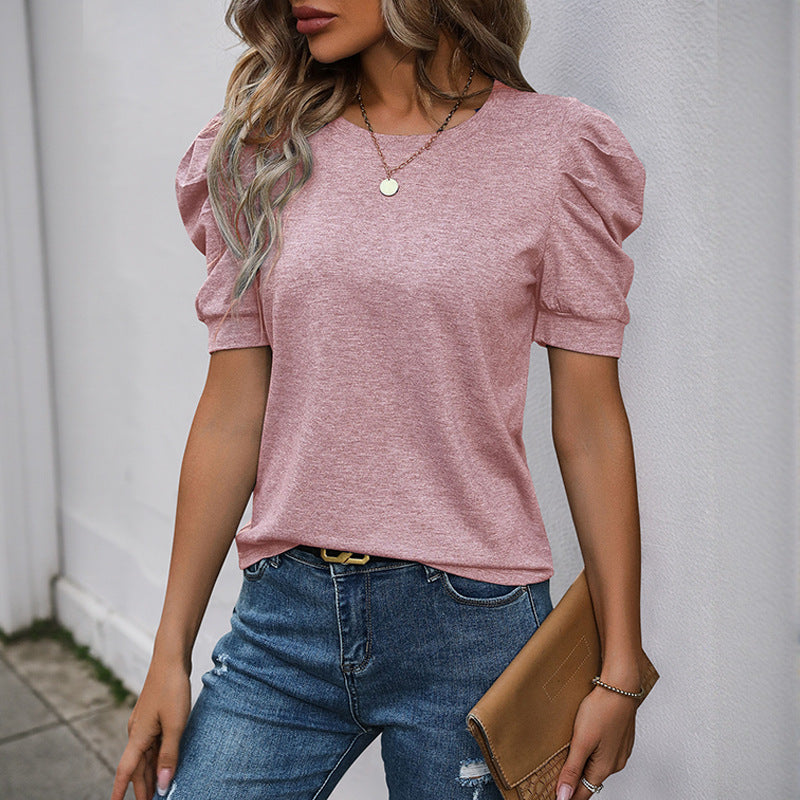 Heidi Mode | Solide Farbe Blase Ärmel T-Shirt Frauen