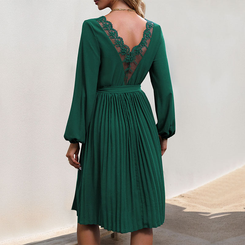 Damen Plissiertes Wickelkleid mit Taillengürtel und langen Ärmeln Heidi-Mode