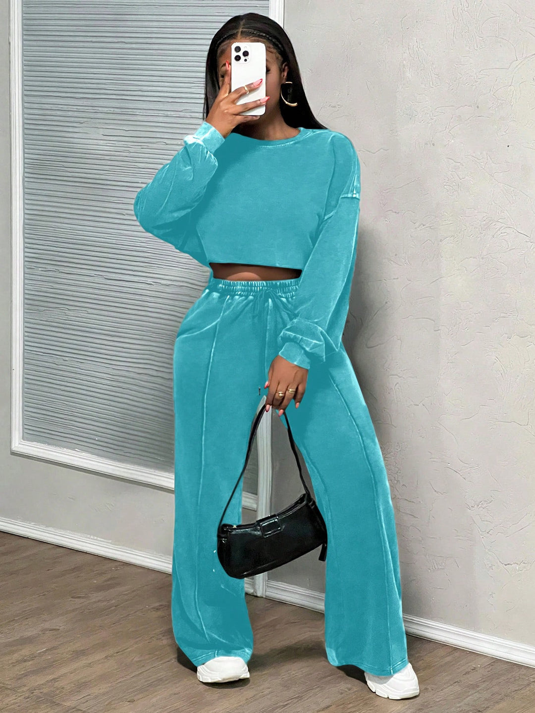 Damen lässiges cropped Lounge-Set mit weitem Hosen und praktischem Kordelzug Heidi-Mode