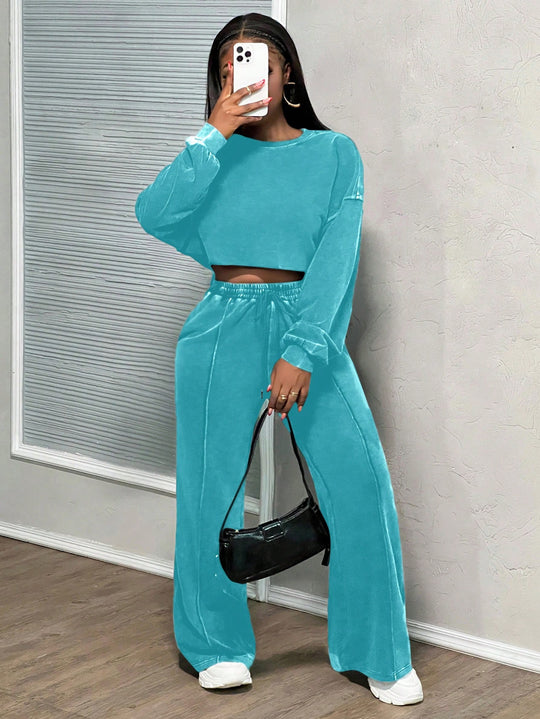 Damen lässiges cropped Lounge-Set mit weitem Hosen und praktischem Kordelzug Heidi-Mode