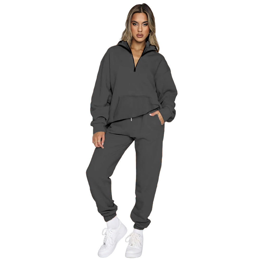 Damen gemütlicher Two-Piece Sweatsuit mit halbem Reißverschluss und praktischen Taschen Heidi-Mode