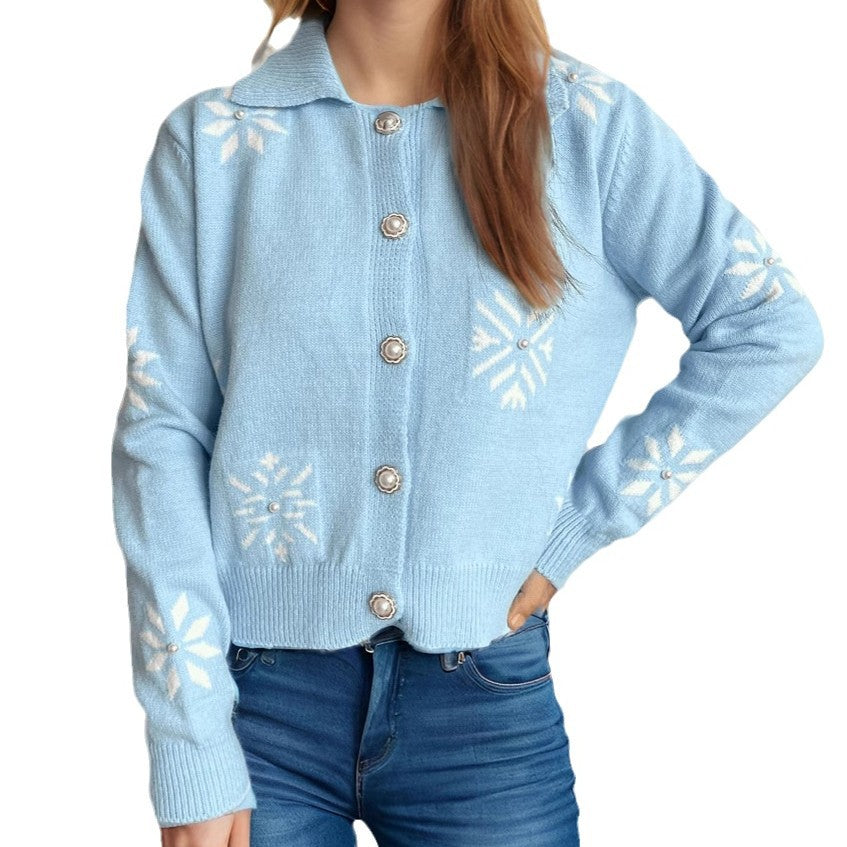 Damen gestrickte Kurzjacke mit winterlichem Schneeflockenmotiv Heidi-Mode