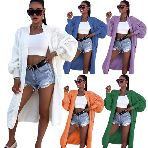 Damen Langer Strickcardigan mit weiten Ärmeln und praktischen Taschen Heidi-Mode