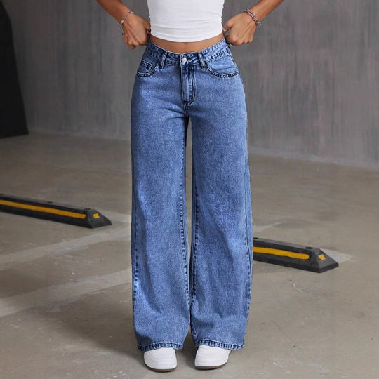 Damen Weit geschnittene Jeans mit kräftigen Kontrastnähten und verspielt gestickten Taschen Heidi-Mode