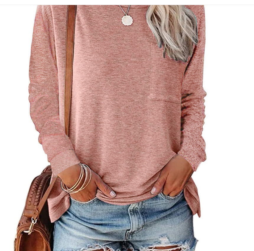 Damen lässiges Langarmshirt mit Taschen und Rundhalsausschnitt Heidi-Mode