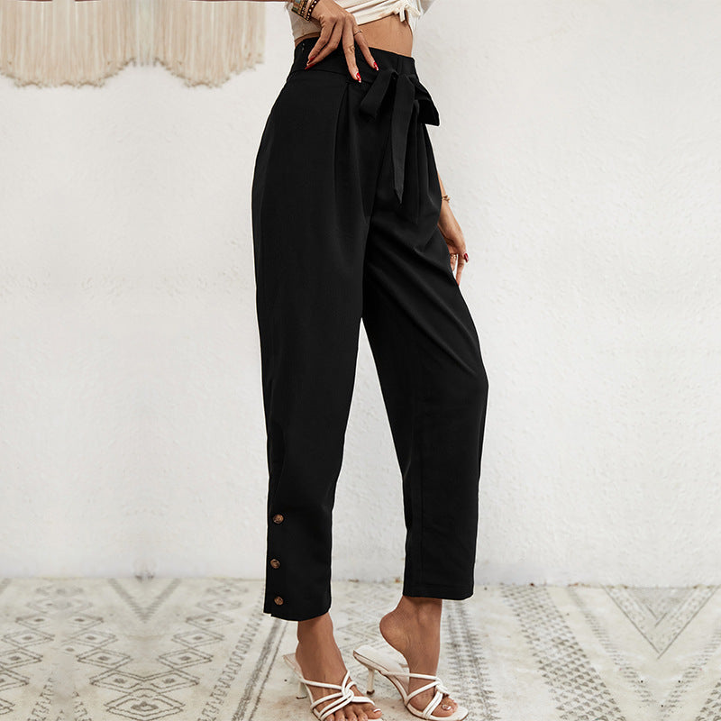 Damen elegante Haremshose mit Binde-Gürtel und Knopfdetails Heidi-Mode