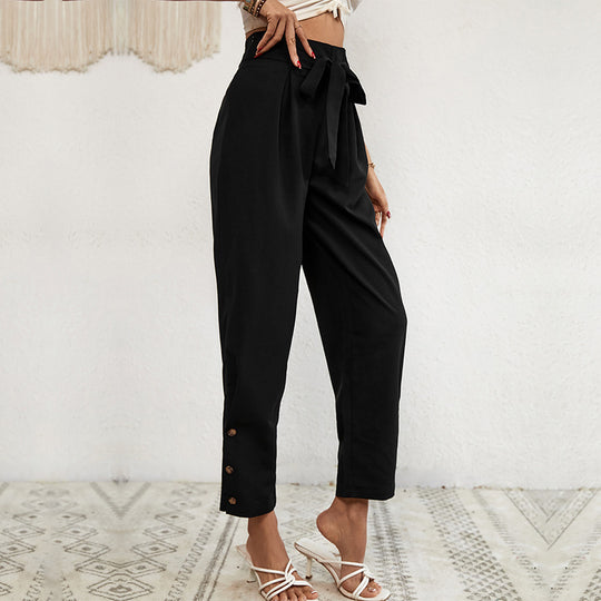 Damen elegante Haremshose mit Binde-Gürtel und Knopfdetails Heidi-Mode