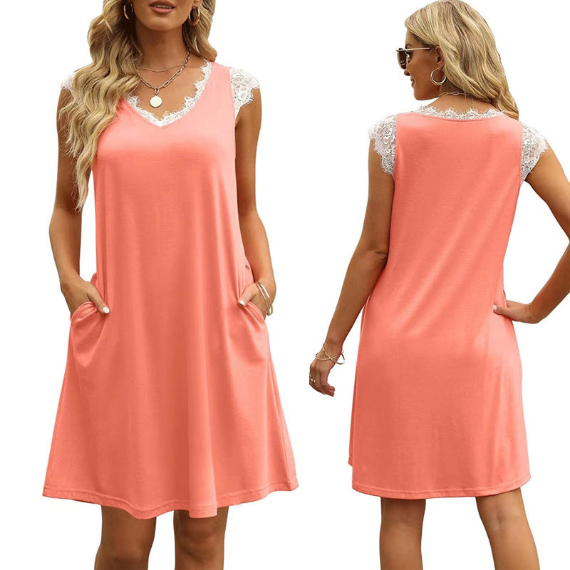 Damen ärmelloses Kleid mit Spitzendetail und seitlichen Taschen Heidi-Mode