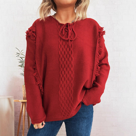 Damen Oversize-Strickpullover mit verspieltem Fransen-Design und Zopfmuster Heidi-Mode