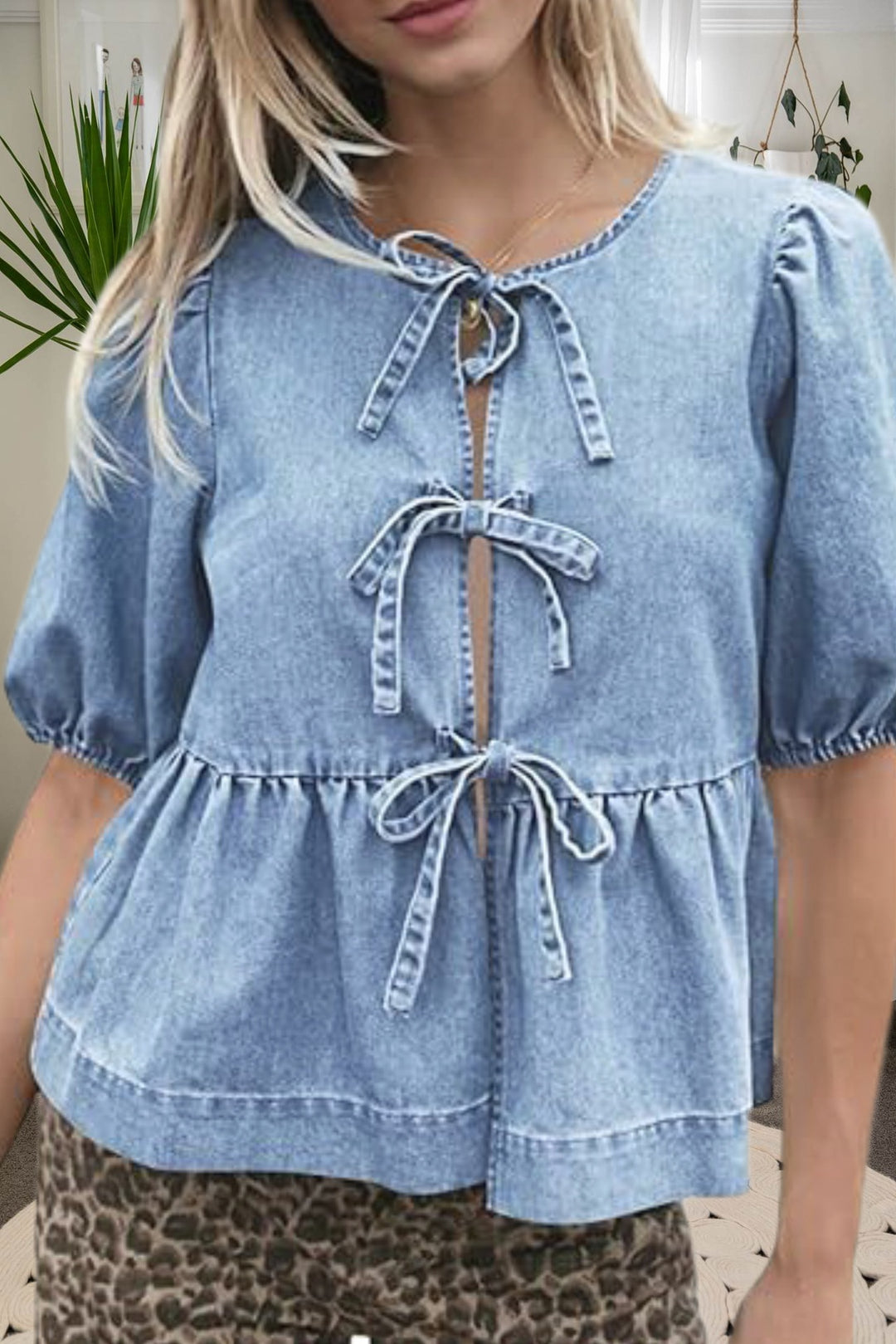 Damen Modische Jeansbluse mit dekorativen Schleifendetails und voluminösen Ärmeln Heidi-Mode