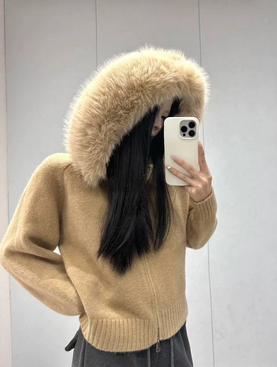 Damen kuschelige Strickjacke mit luxuriösem Pelzkragen und Reißverschluss Heidi-Mode