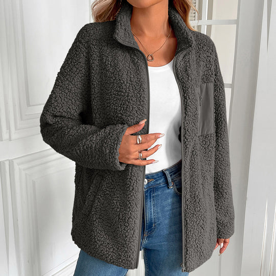 Damen kuschelige Fleecejacke mit hohen Kragen und praktischen Taschen Heidi-Mode
