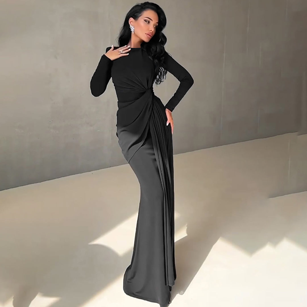 Damen Elegantes Longdress mit Raffung und hohem Kragen Heidi-Mode