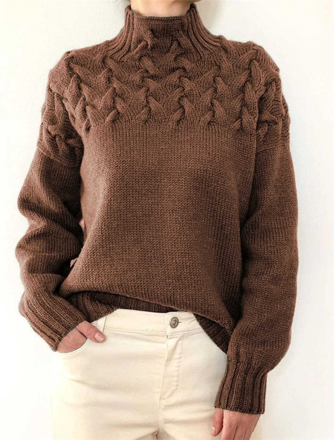 Damen Grobstrickpullover mit Stehkragen und Zopfmuster Heidi-Mode