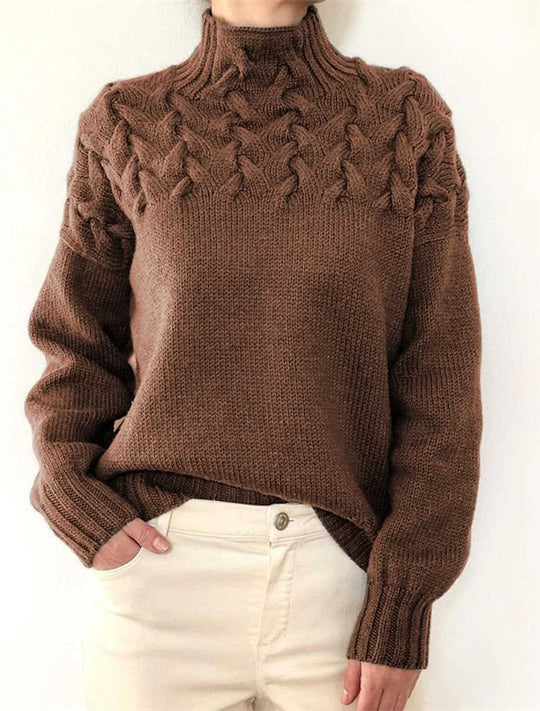 Damen Grobstrickpullover mit Stehkragen und Zopfmuster Heidi-Mode