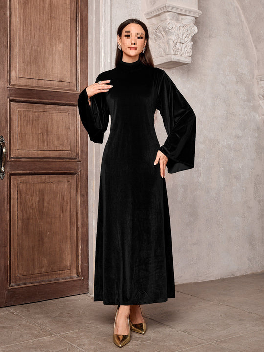 Damen Samtkleid mit elegantem Stehkragen und voluminösen Ärmeln Heidi-Mode