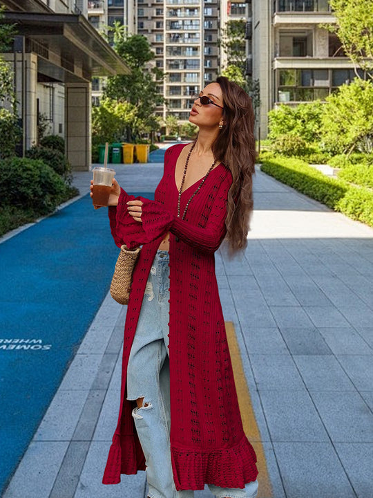 Damen Großer Strickcardigan mit offener Maschenstruktur und weit geschnittenen Ärmeln Heidi-Mode