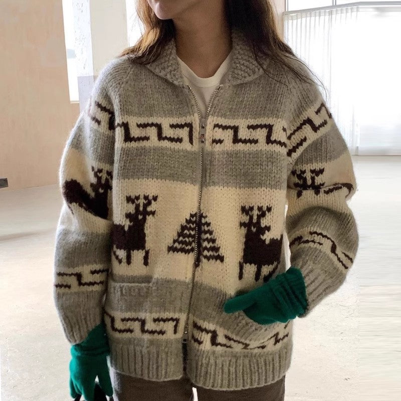 Damen Kuscheliger Zip-Cardigan mit festlichem Motiv Heidi-Mode