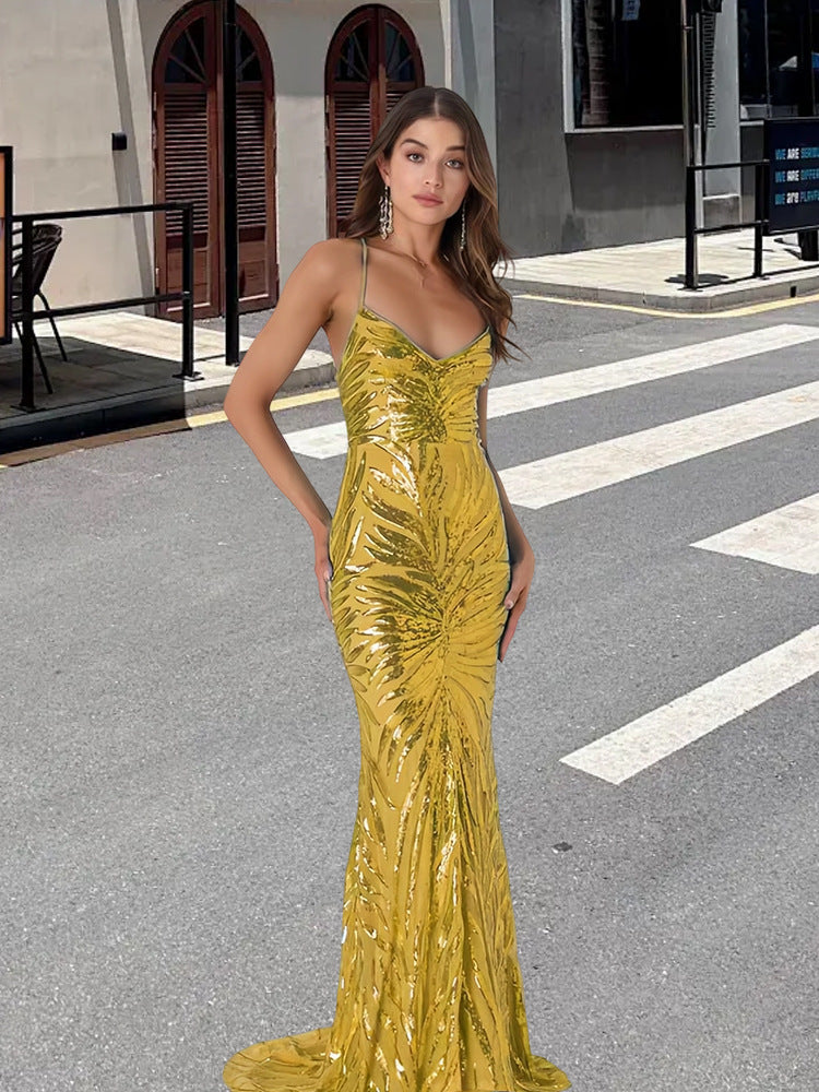 Damen Glamouröses Abendkleid mit funkelndem Paillettenmuster und V-Ausschnitt Heidi-Mode