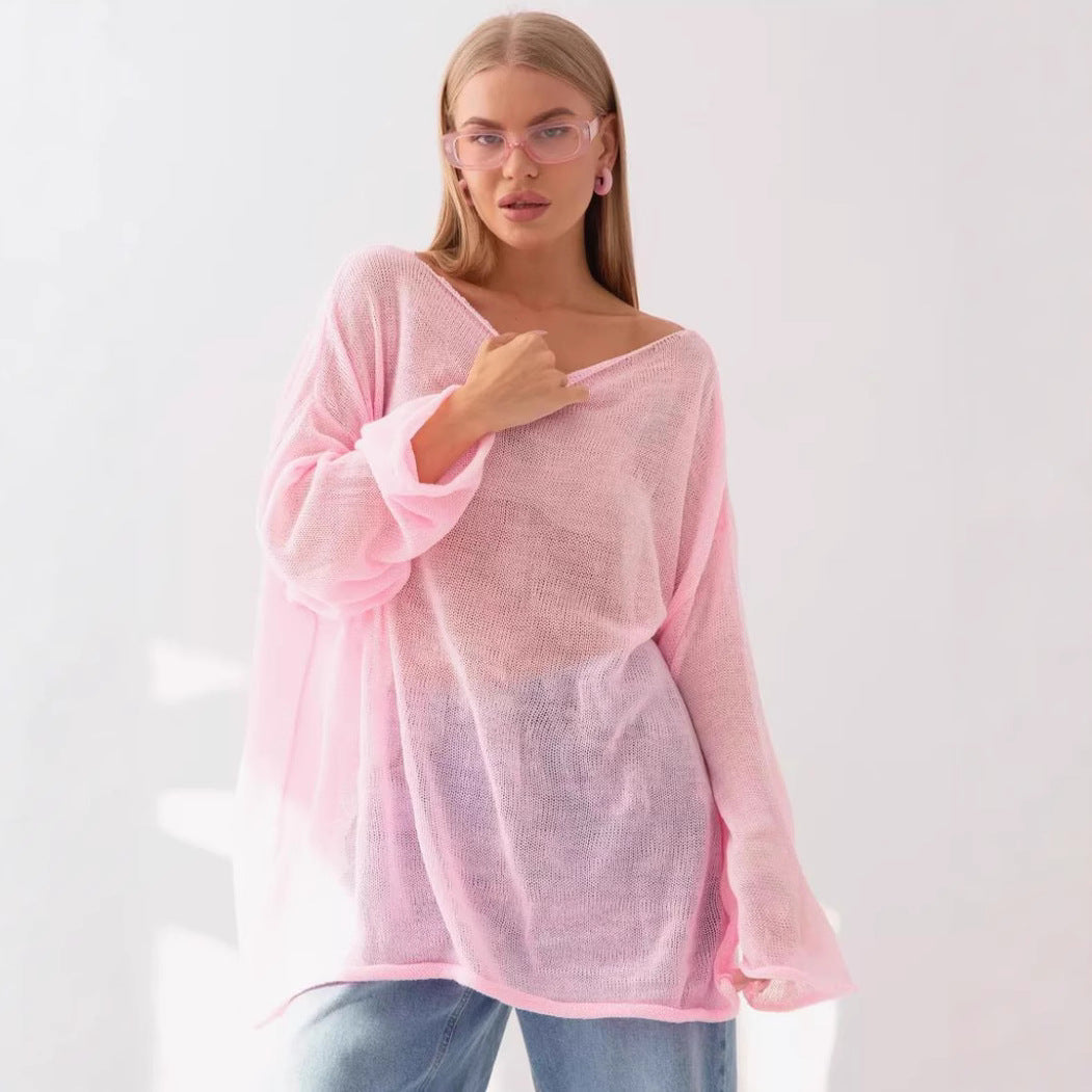 Damen luftige Strickbluse mit offenen Schultern und weiten Ärmeln Heidi-Mode