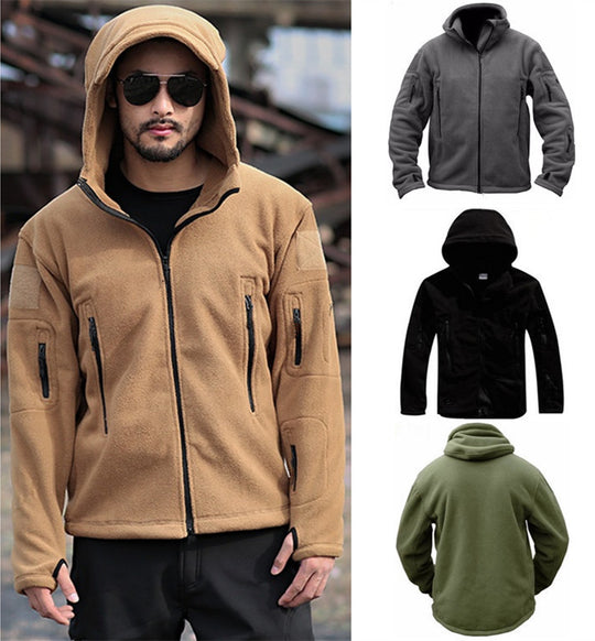 Herren Fleecejacke mit mehrfachen Taschen und verstellbarem Kapuzenkragen Heidi-Mode