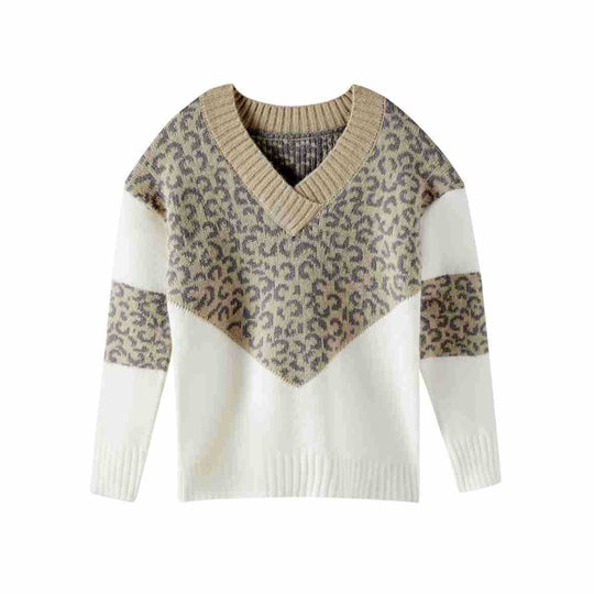 Damen modischer Pullover mit außergewöhnlichem Leopardenmuster und V-Ausschnitt Heidi-Mode