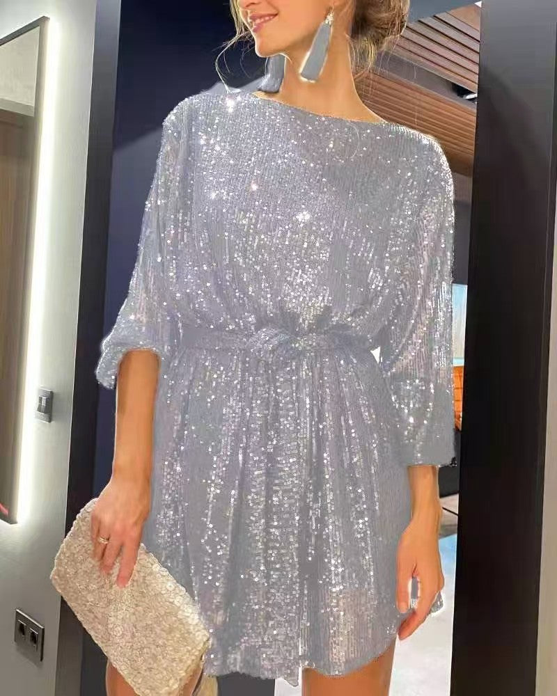 Damen Glitzerndes Minikleid mit langen Ärmeln und schimmerndem Oberstoff Heidi-Mode