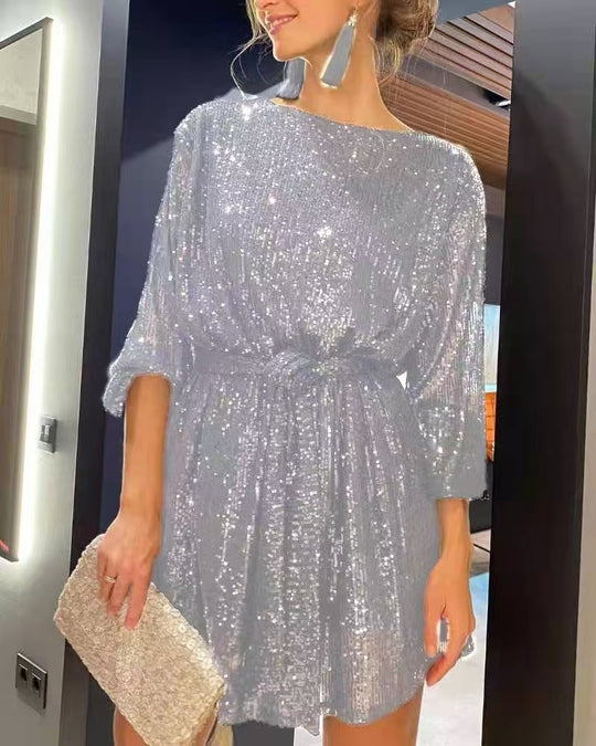 Damen Glitzerndes Minikleid mit langen Ärmeln und schimmerndem Oberstoff Heidi-Mode
