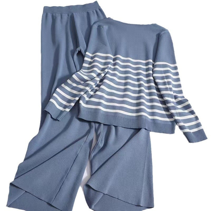 Damen gemütliches Strick-Loungewear-Set mit Streifenmuster Heidi-Mode