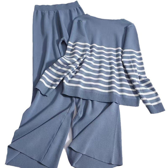Damen gemütliches Strick-Loungewear-Set mit Streifenmuster Heidi-Mode