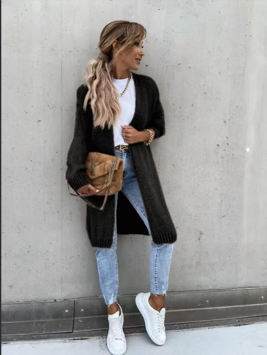 Damen Grober Strickmantel mit tiefen Taschen und modischem Schnitt Heidi-Mode