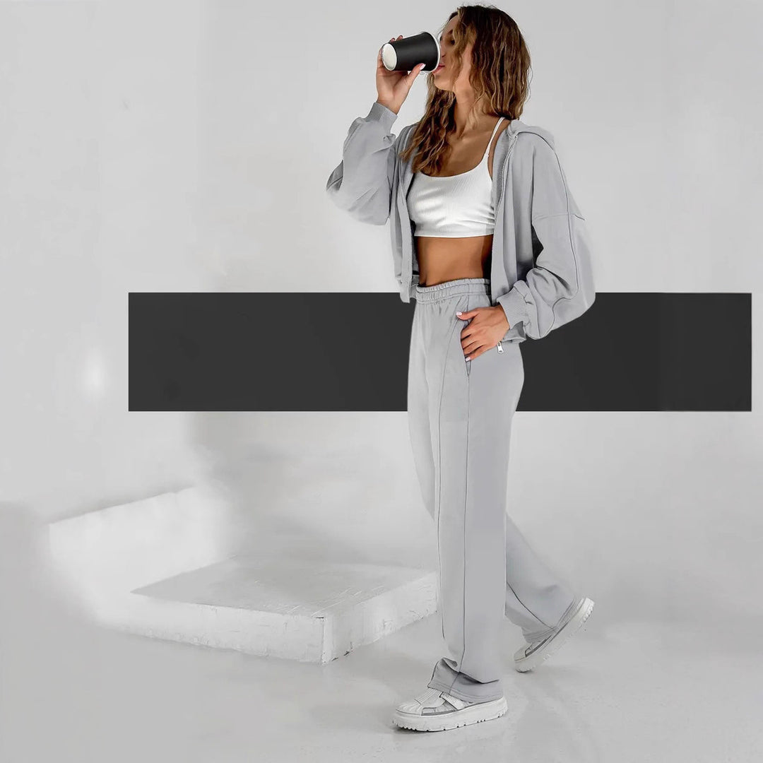 Damen sportlicher Zip-Hoodie- und weite Jogginghose-Set Heidi-Mode