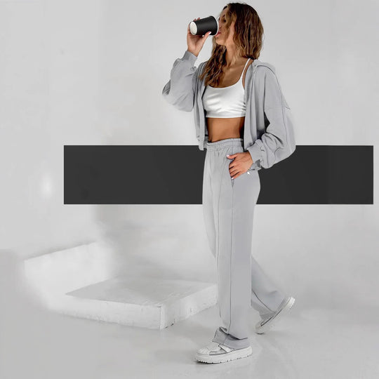 Damen sportlicher Zip-Hoodie- und weite Jogginghose-Set Heidi-Mode