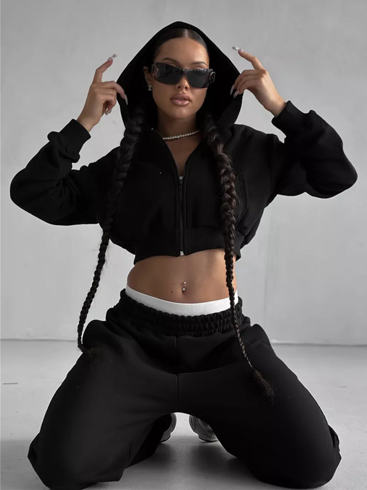 Damen moderner Cropped Hoodie und weite Jogginghose Set Heidi-Mode