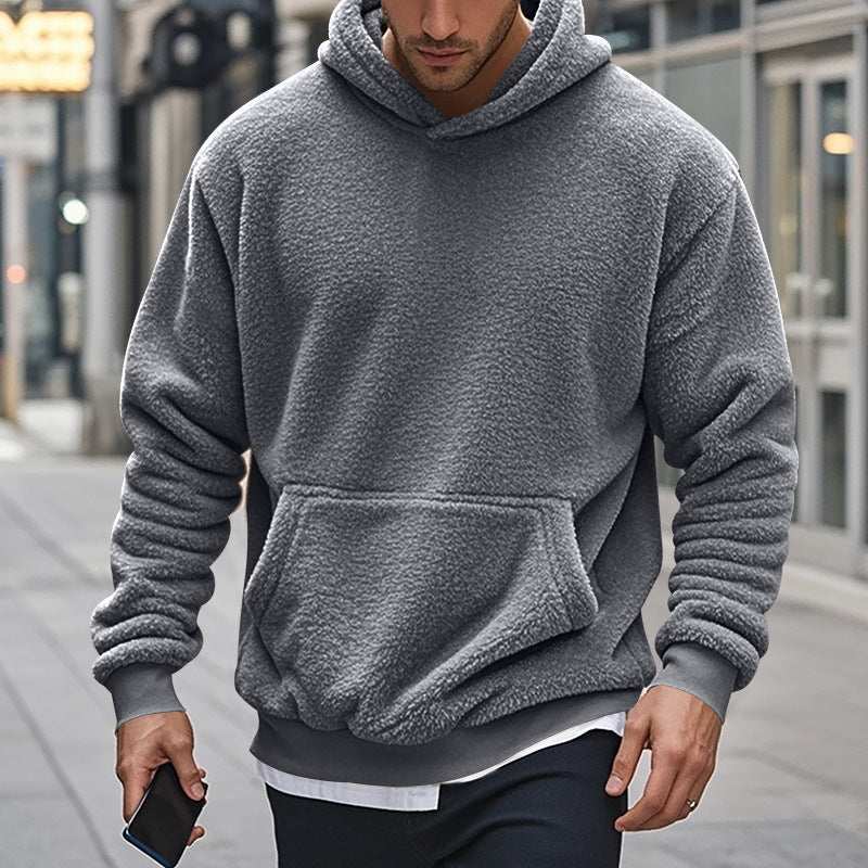 Herren Hoodie aus kuscheligem Teddy-Fleece mit Kängurutasche und breiten Bündchen Heidi-Mode