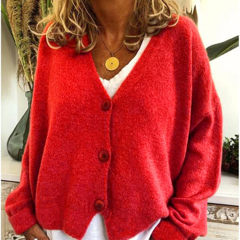 Damen lässiger Strickcardigan mit tiefem V-Ausschnitt und großen Knöpfen Heidi-Mode