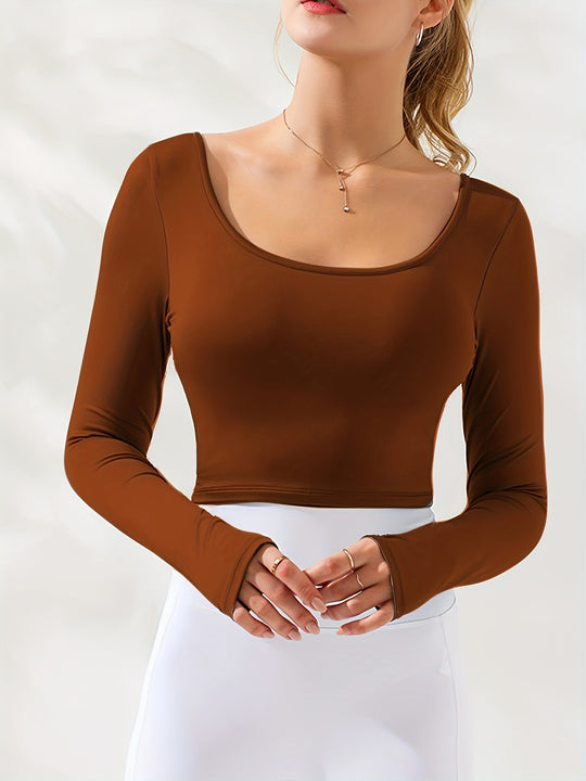 Damen figurbetontes Langarmoberteil mit Rundhalsausschnitt und Daumenlöchern Heidi-Mode