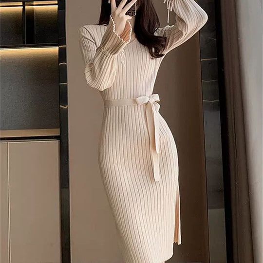 Damen Figurbetontes Maxikleid mit Bindegürtel und Rippstruktur Heidi-Mode