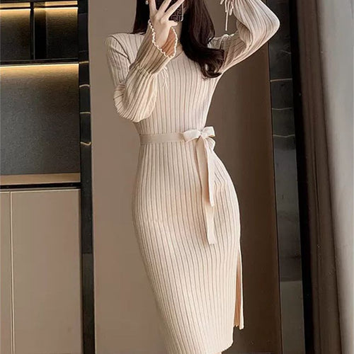 Damen Figurbetontes Maxikleid mit Bindegürtel und Rippstruktur Heidi-Mode